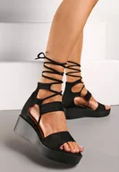 Sandały damskie - Czarne Sandały na Koturnie Wiązane na Rzemyki Wokół Łydki Klausa - miniaturka - grafika 1