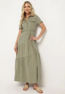 Ciemnobeżowa Taliowana Sukienka z Bawełny w Koszulowym Stylu z Imitacją Kieszeni Masefia - Sukienki - miniaturka - grafika 1