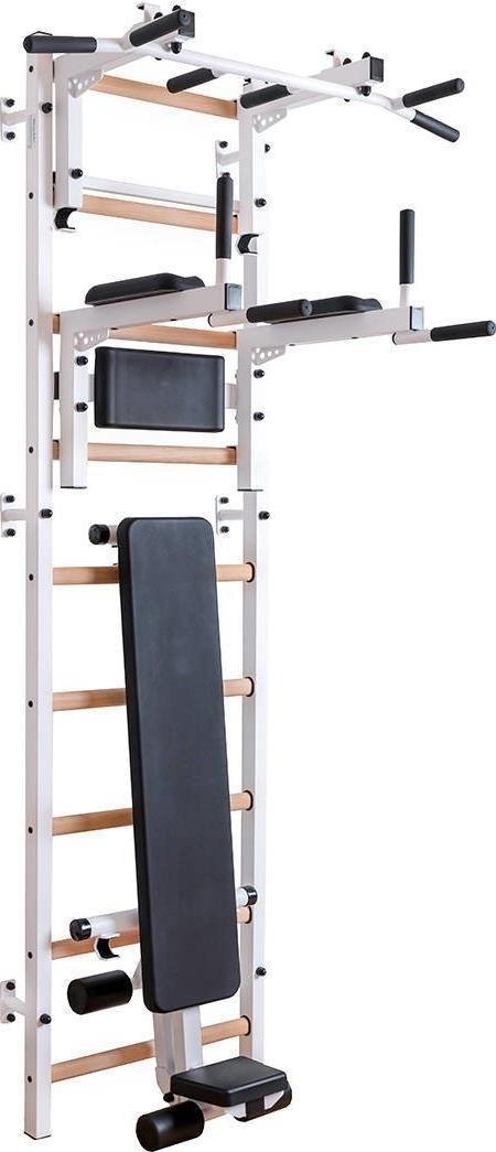 BenchK Drabinka gimnastyczna z drewnianymi szczebelkami, drążkiem, poręczami i ławką 713W 240 x 67 cm