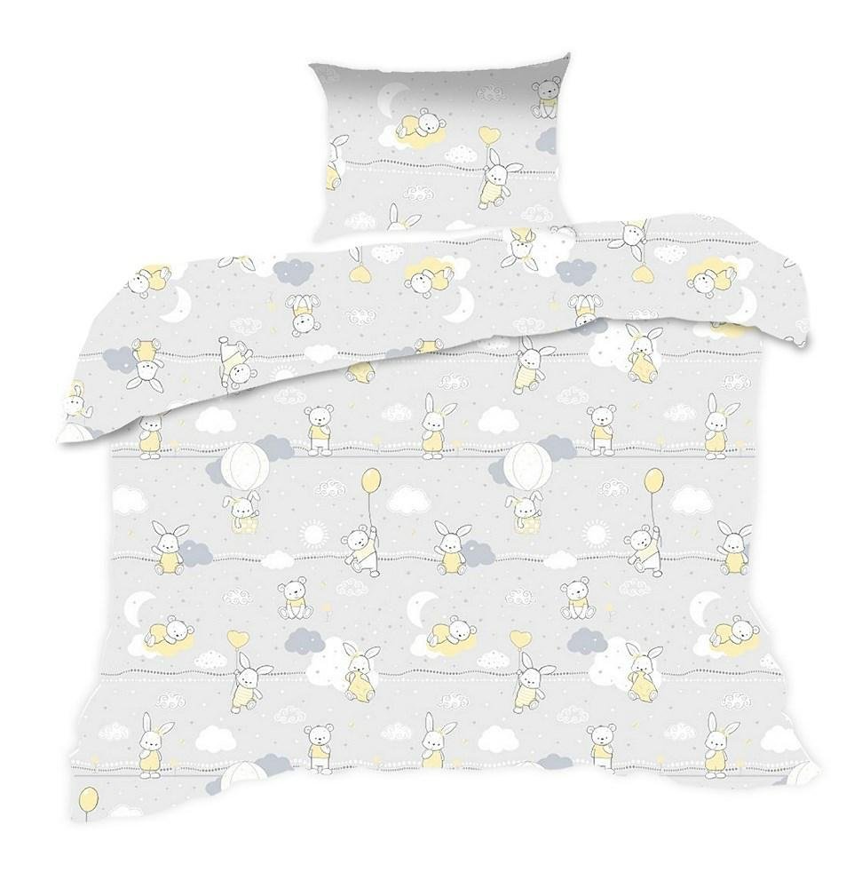 Pościel bawełniana 140x200 misie zajączki szara żółta Kids
