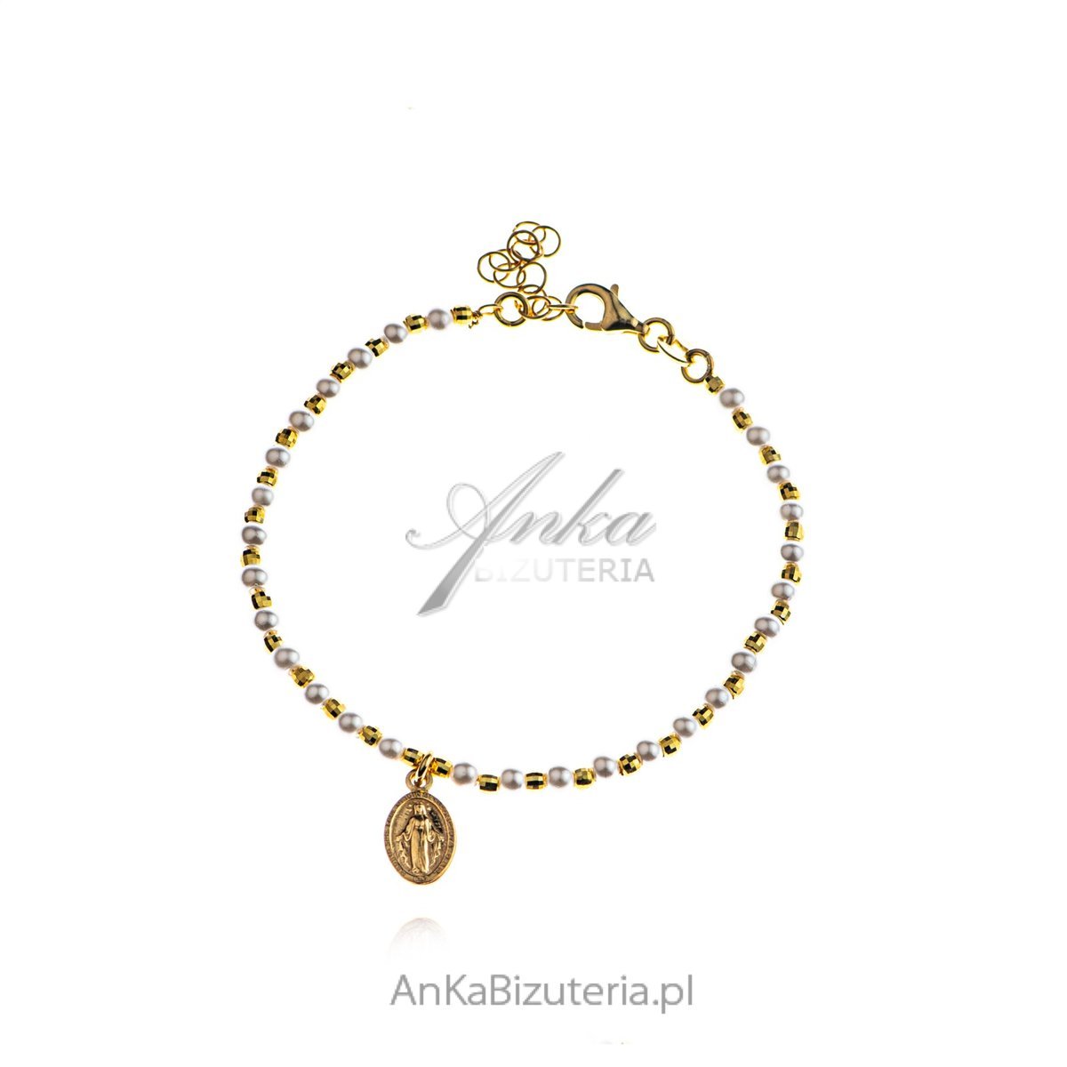 ankabizuteria.pl Bransoletka srebrna pozłacana z białymi perełkami