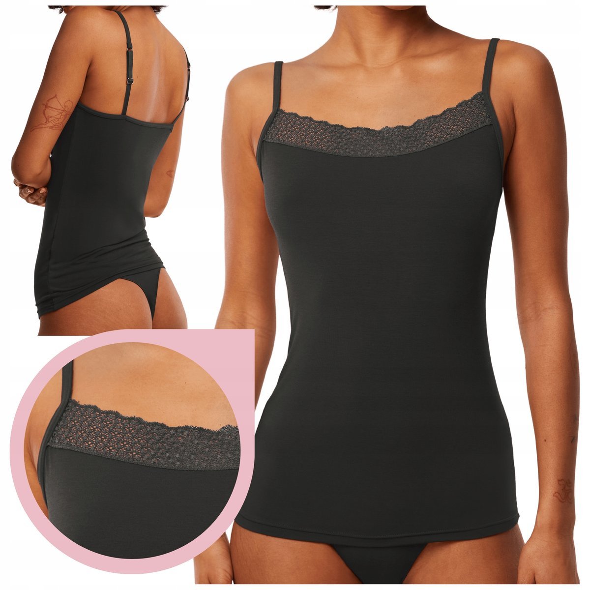 Top TRIUMPH Feel of Modal Spaghetti czarny gładki wygodny podkoszulka - M