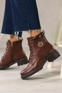 Botki damskie - Brązowe botki damskie na bieżnikowanej podeszwie sznurowane na cholewce złota ozdoba Casu CB346-7 - miniaturka - grafika 1