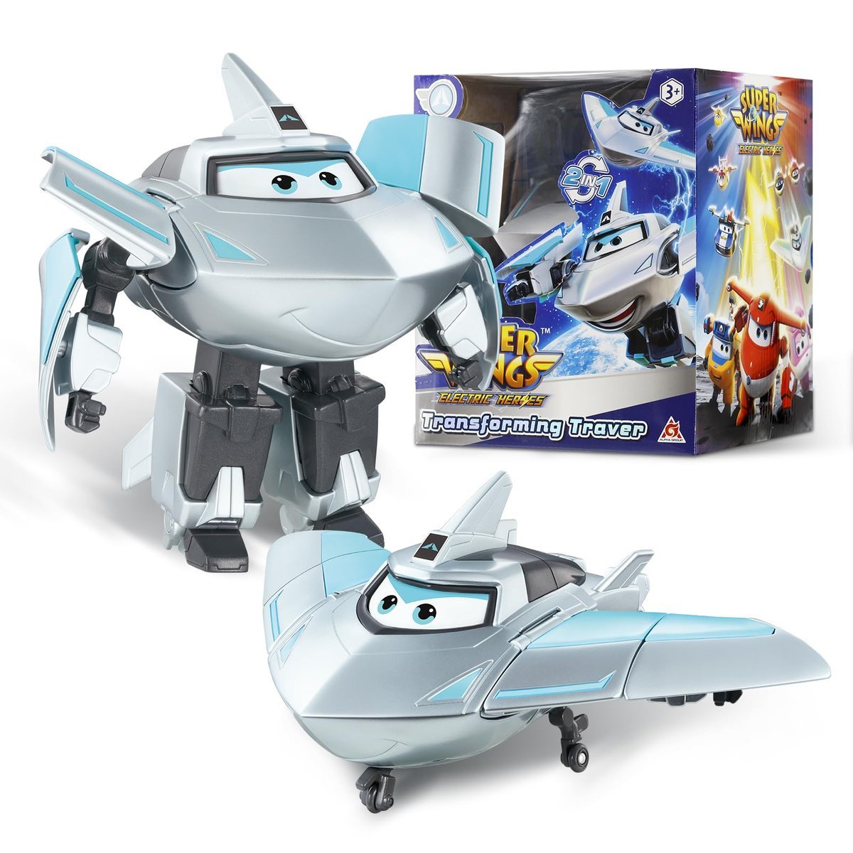 Super Wings Transformer Supercharged Traver Samolot, wysokość ok. 12,7 cm, lalka dla dzieci, samolot zabawka i figurka robota dla chłopców i dziewcz..