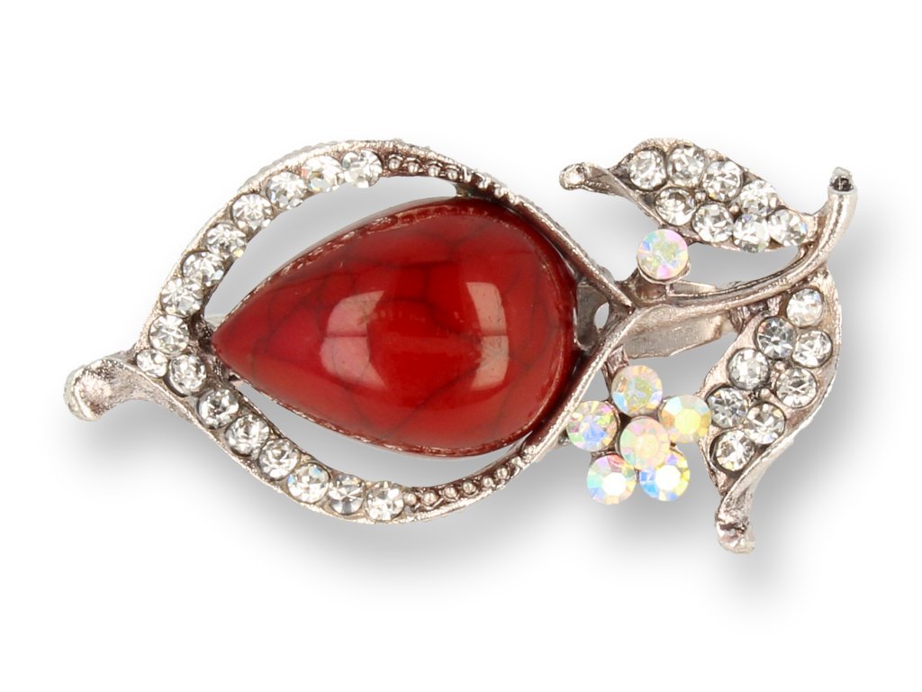 BROSZKA damska bordowy kwiat z srebrnymi listkami