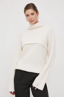 Swetry damskie - Calvin Klein sweter wełniany damski kolor beżowy ciepły z golfem - grafika 1