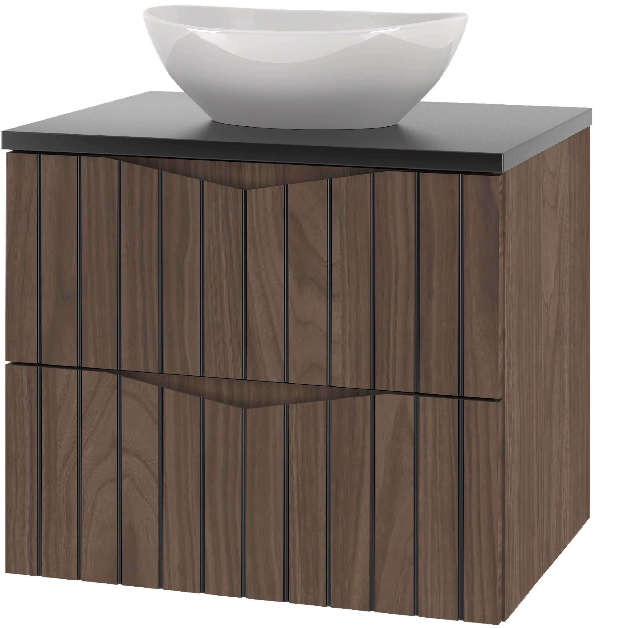Comad Ryflowana szafka 60 cm z umywalką nablatową STELLA-02 DĄB ORZECH + CZARNY