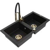 Zlewozmywaki z baterią - Mexen Mario zlewozmywak granitowy 2-komorowy z baterią kuchenną Aster, czarny - miniaturka - grafika 1