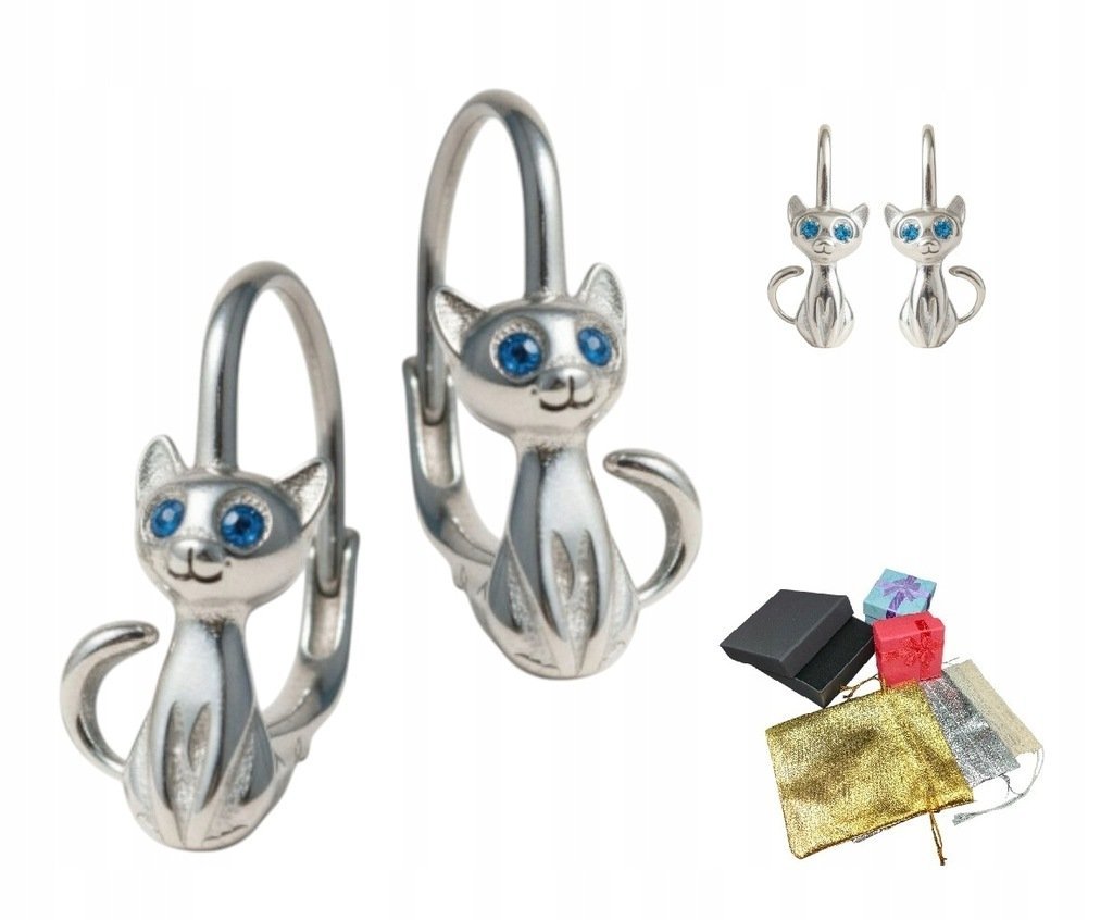 Srebrne 925 Kolczyki Kotki Niebieska Cyrkonia Na Prezent Gwiazdkę Dziecięce