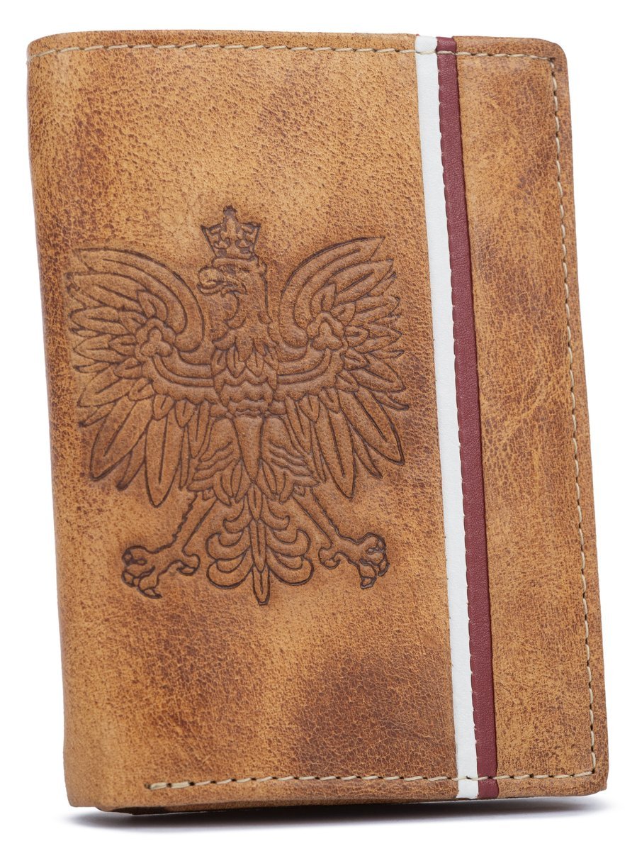 Portfel męski skórzany zamszowy portfel patriotyczny godło flaga portmonetka na karty z ochroną RFID, brązowy