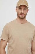 Koszulki męskie - Guess t-shirt bawełniany męski kolor beżowy z aplikacją - miniaturka - grafika 1