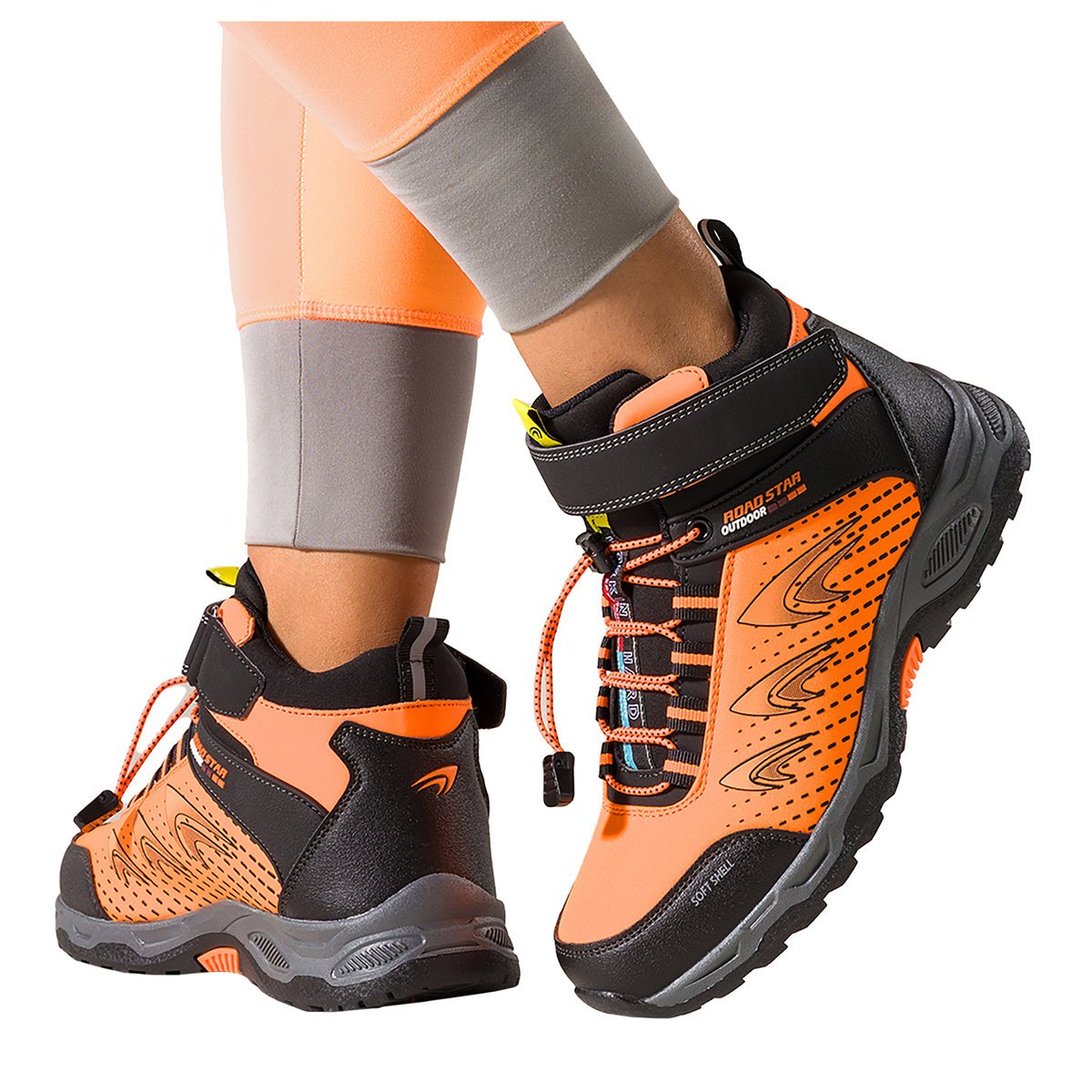 Pomarańczowe buty trekkingowe damskie na bieżnikowanej podeszwie z regulowaną elastyczną sznurówką czarne wstawki softshell Casu 7689-4D-37