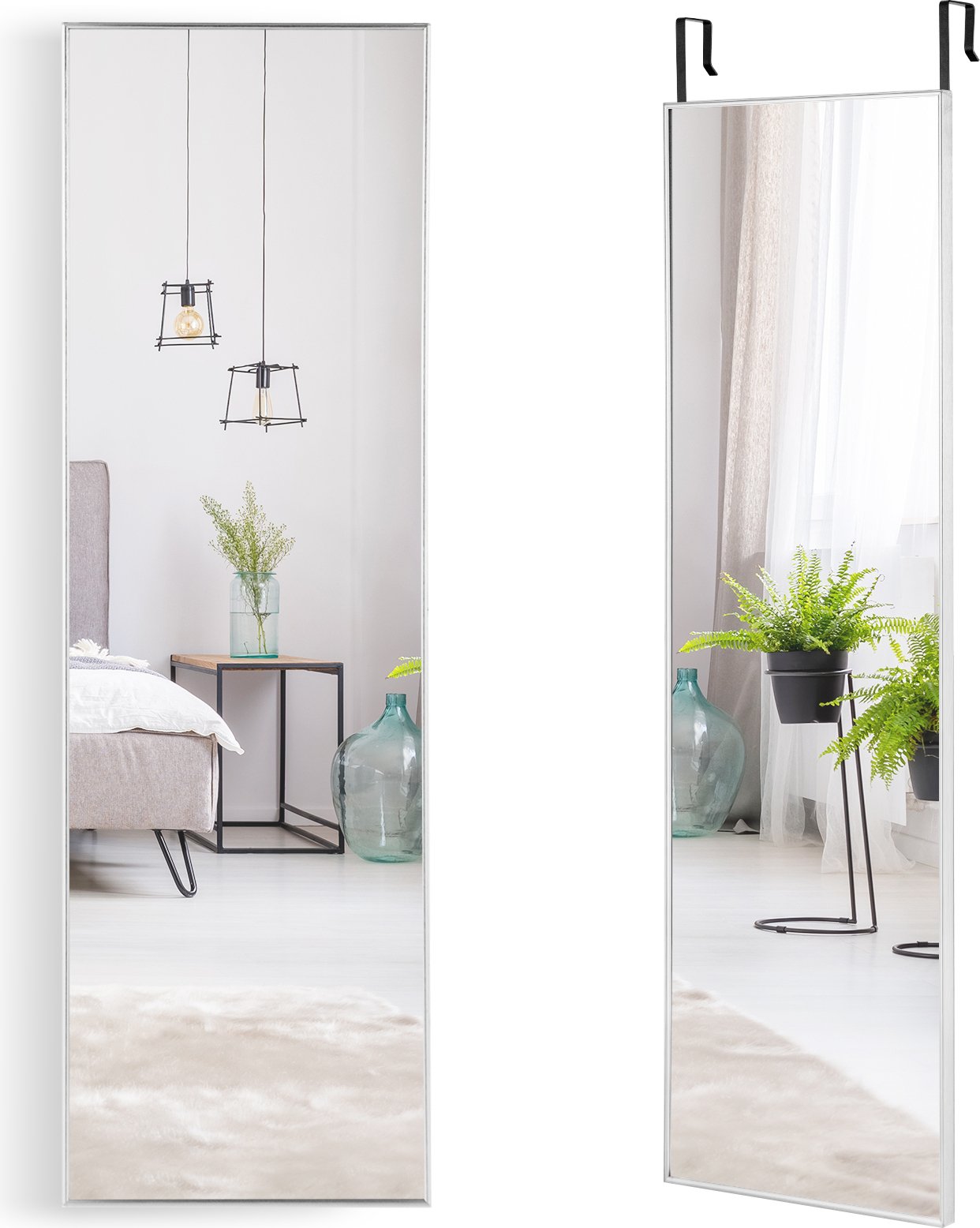 COSTWAY Lustro ścienne z hakami do zawieszania o regulowanej wysokości 37 x 120 cm Lustro wiszące (srebrne)
