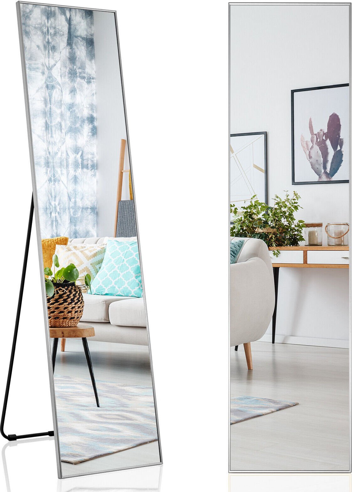 Pełnowymiarowe lustro COSTWAY 160 x 40 cm, lustro stojące i ścienne 3 w 1, lustro do garderoby, lustro do sypialni, salonu i przedpokoju, srebrne