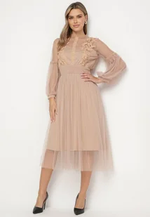 Ciemnobeżowa Rozkloszowana Sukienka Tiulową z Koronką Llaudia - Sukienki - miniaturka - grafika 1