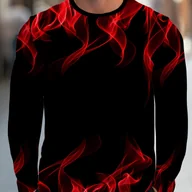 Koszulki męskie - TEMU 1 szt. Męska Modna T-shirt z okrągłym dekoltem i długim rękawem, dzianina poliestrowa z lekkim rozciągnięciem, wzór płomienia, regularny krój na - miniaturka - grafika 1