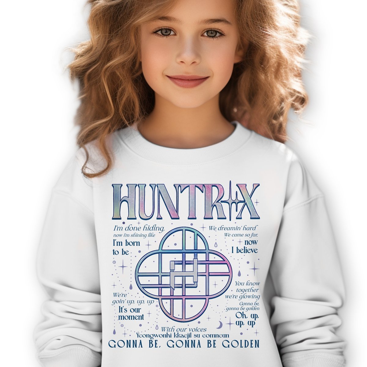 Bluza Dziecięca Biała HUNTRIX AFFIRMATION K-pop Muzyka Wzory Rozmiar 104 cm