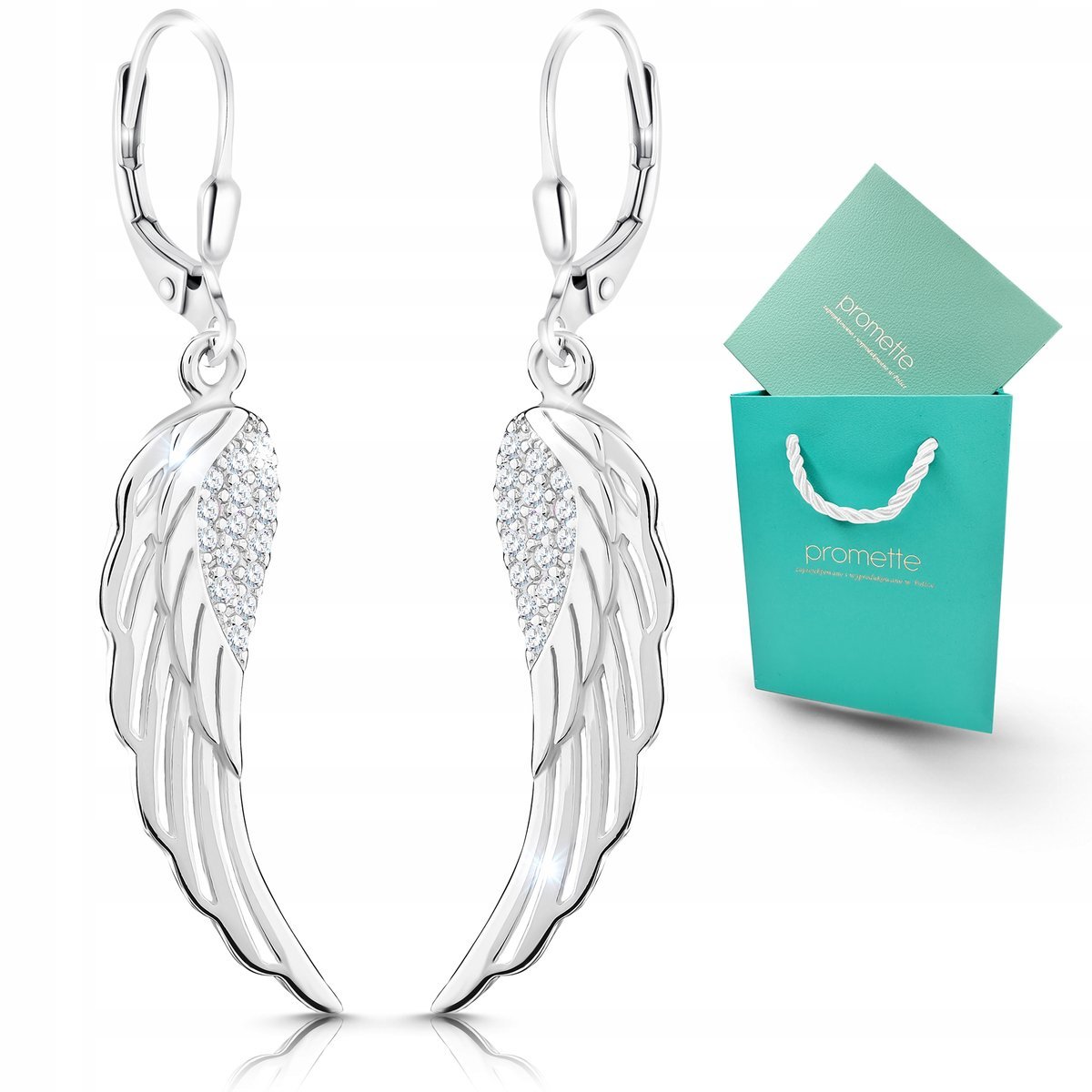 Kolczyki srebrne wiszące skrzydła z cyrkoniami modne długie srebro 925