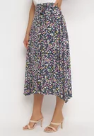 Spódnice - Granatowa Midi Spódnica z Wiskozy w Kwiatowy Print z Materiałowym Paskiem Omona - miniaturka - grafika 1