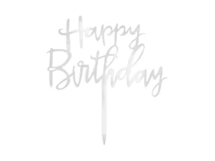 Topper na tort Happy Birthday srebrny - 1 szt. - Ciasta i półprodukty do ciast - miniaturka - grafika 1