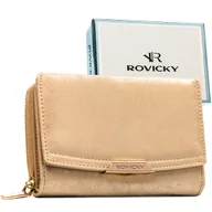 Portfele - Elegancki portfel damski ROVICKY mały na zatrzask i suwak ochrona kart RFID na prezent beżowy - miniaturka - grafika 1