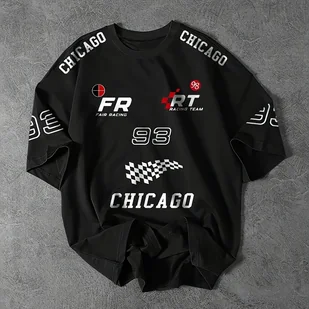 TEMU T-shirt z nadrukiem „CHICAGO” w czarnej kolorze z krótkim rękawem - logo „FR”, wzór „98”, wzór w kratkę, codzienny styl na każdą porę roku, - Bluzki damskie - miniaturka - grafika 1