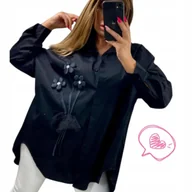 Koszule damskie - CZARNA KOSZULA KWIAT bawełna rozpinana cyrkonie modna elegancka 58 60 9XL - miniaturka - grafika 1