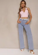 Spodnie damskie - Niebieskie Jeansy Szerokie Ozdobione Cyrkoniami z Bawełną Nelkio - miniaturka - grafika 1