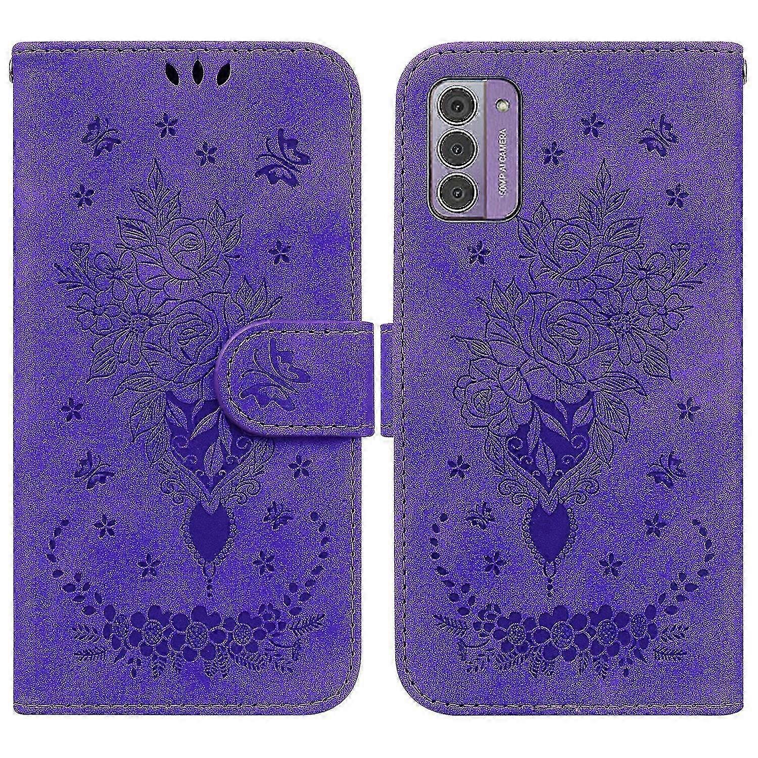 Kompatybilny z Nokia G42 5g Portfel Etui Flip Pu Skórzane Wytłoczenie Różane Kwiaty Magnetyczna podpórka Gniazda na karty Okładka f74 Fioletowy