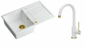 Zlewozmywaki z baterią - Quadron Zlewozmywak granitowy jednokomorowy 78*50*22 cm z ociekaczem MORGAN 111 SNOW WHITE ze złotym odpływem z baterią INGRID Q LINE SNOW WHITE kolor biały mat/wykończenie złote - miniaturka - grafika 1
