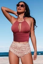 CUSHE Zestaw tankini wiązana na szyi i majtki z wysokim stanem w kropki