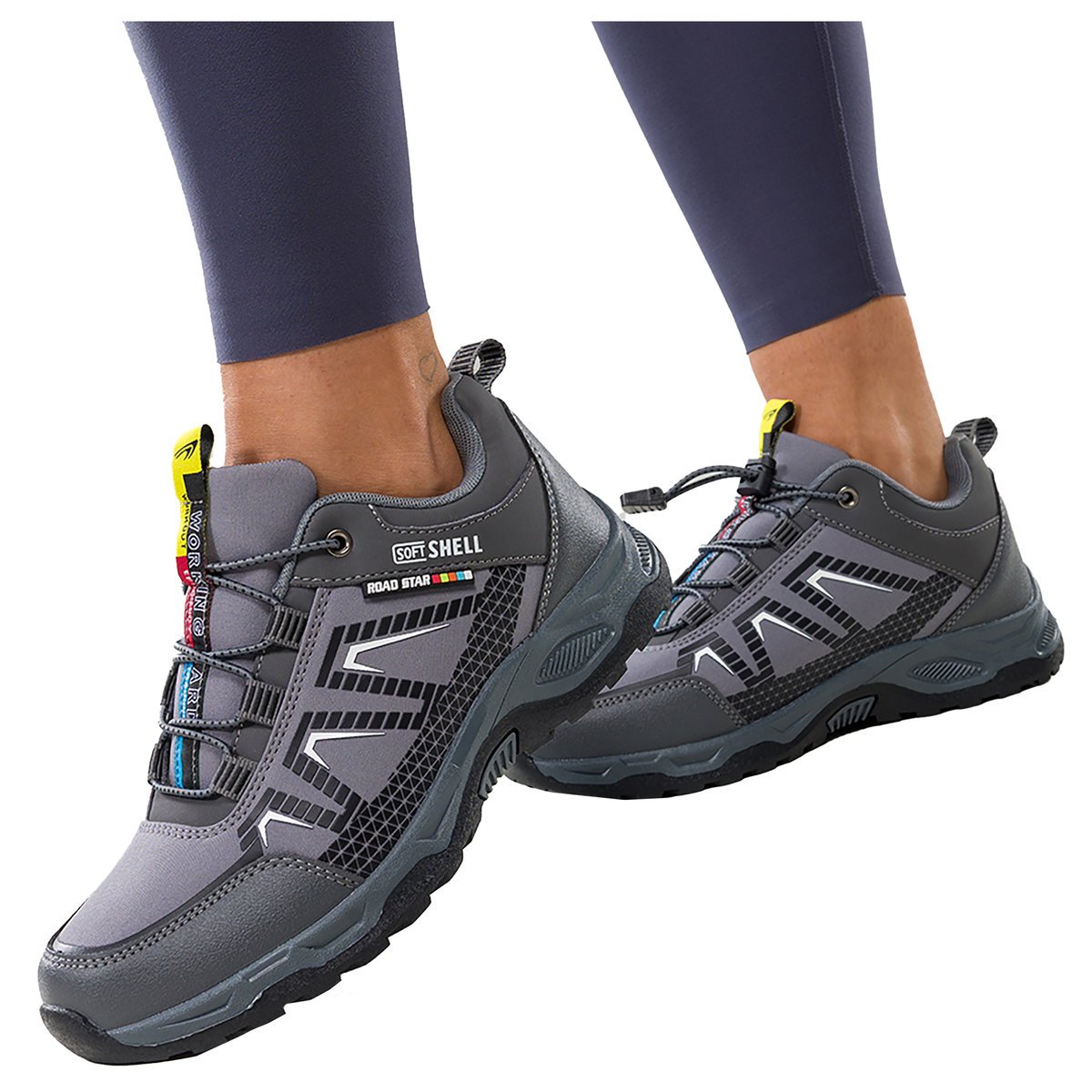 Szare buty trekkingowe damskie buty sportowe na bieżnikowanej podeszwie z regulowaną elastyczną sznurówką białe wstawki softshell Casu 2213-2W-38