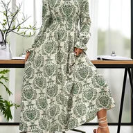 Sukienki - TEMU Długa Sukienka z Długim Rękawem dla Kobiet - Dopasowana, Rozkloszowana Spódnica, Możliwość Prania w Pralce, Poliester, Czarna z Wielokolorowymi - miniaturka - grafika 1