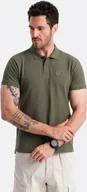 Koszulki męskie - Ombre Męska jednokolorowa koszulka polo BASIC z dzianiny pique - ciemnooliwkowa V6 OM-POBS-0100 XXL - miniaturka - grafika 1