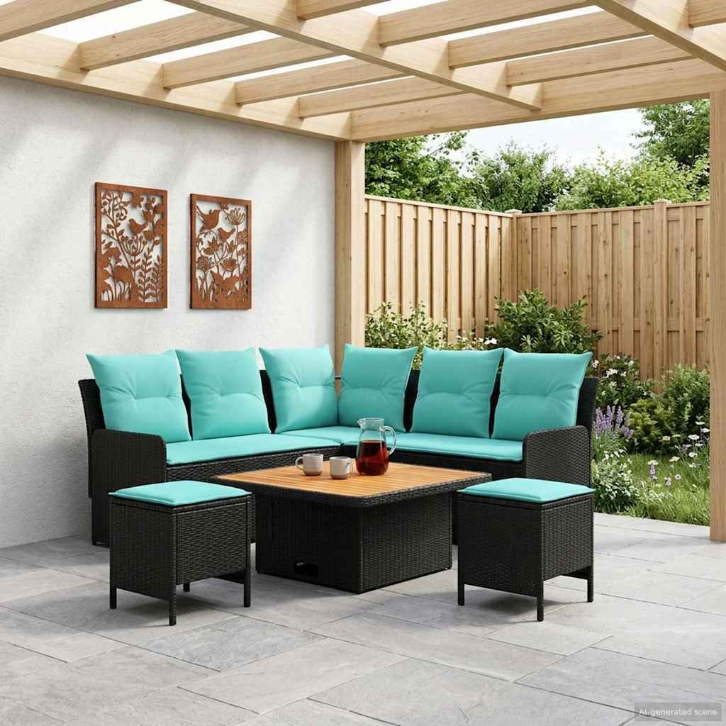 vidaXL Zestawy mebli z poduszką 6 pcs Czarny i Turkusowy Rattan PE