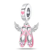 Wisiorki - Zawieszka Charms SREBRO 925 Koralik Różowe Baletki ze Skrzydłami - miniaturka - grafika 1