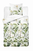 Pościel - Pościel satynowa 140x200 Biała z zielonymi liśćmi i kwiatami – botaniczna świeżość, 100% bawełna - Home Satin - miniaturka - grafika 1