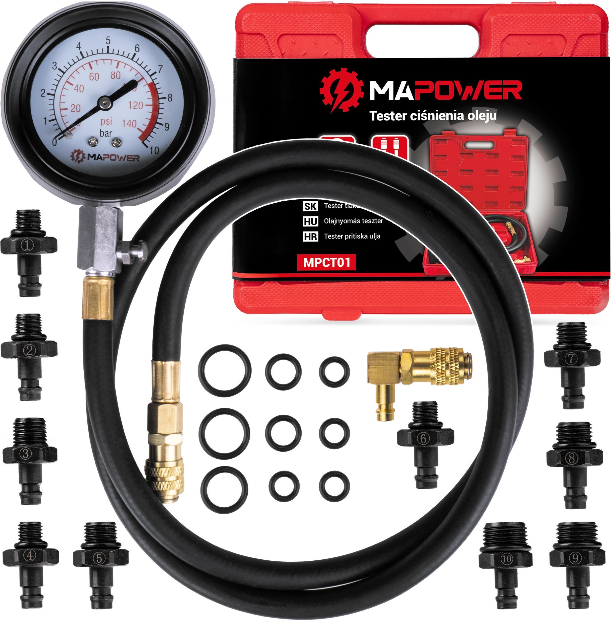 MIERNIK CIŚNIENIA OLEJU PRÓBNIK TESTER DO MIERZENIA 10 ADAPTERÓW WALIZKA