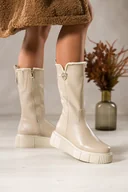 Kozaki damskie - Beżowe kozaki skórzane damskie przed kolano na żłobionej platformie wycięta cholewka złota ozdoba PRODUKT POLSKI Casu 29878 - miniaturka - grafika 1