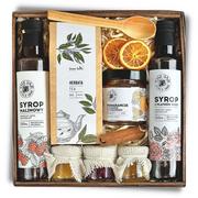 Zestawy upominkowe - Kosz prezentowy duży zestaw na prezent herbata syropy owoce miód konfitury - miniaturka - grafika 1