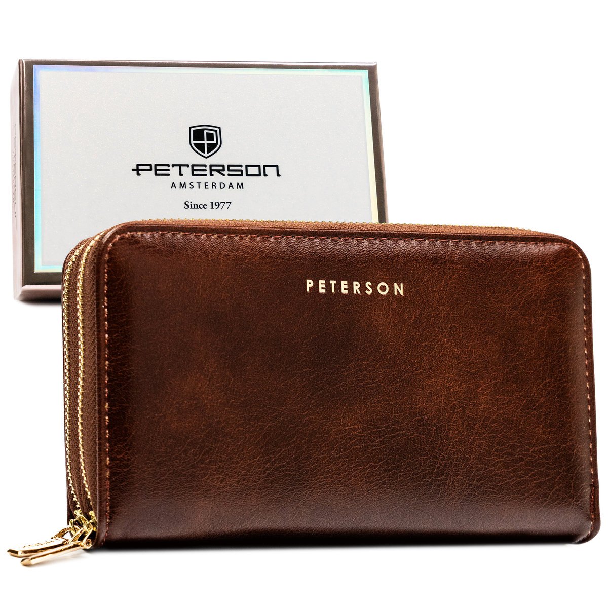 PETERSON Poziomy średniej wielkości portfel damski na suwak brązowy ze złotymi okuciami skóra ekologiczna rozbudowany na karty typu piórnik pudełko ..