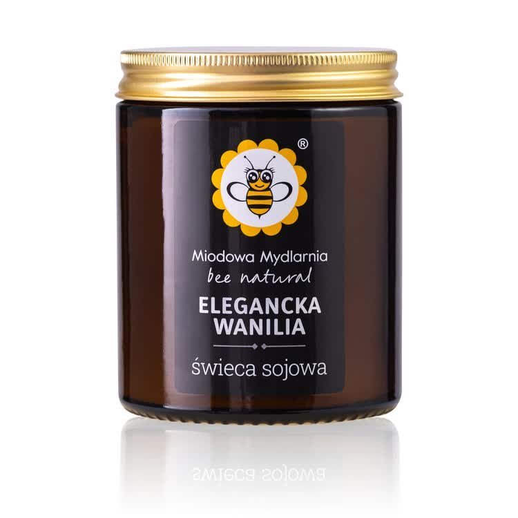 Świeca sojowa Elegancka Wanilia Miodowa Mydlarnia – naturalna świeca zapachowa o eleganckim waniliowo-drzewnym aromacie z nutą kwiatów i przypraw cz..