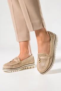 Złote mokasyny damskie ażurowe z ozdobą na platformie ze skórzaną wkładką Casu D24X5-G-NO - Mokasyny damskie - miniaturka - grafika 1