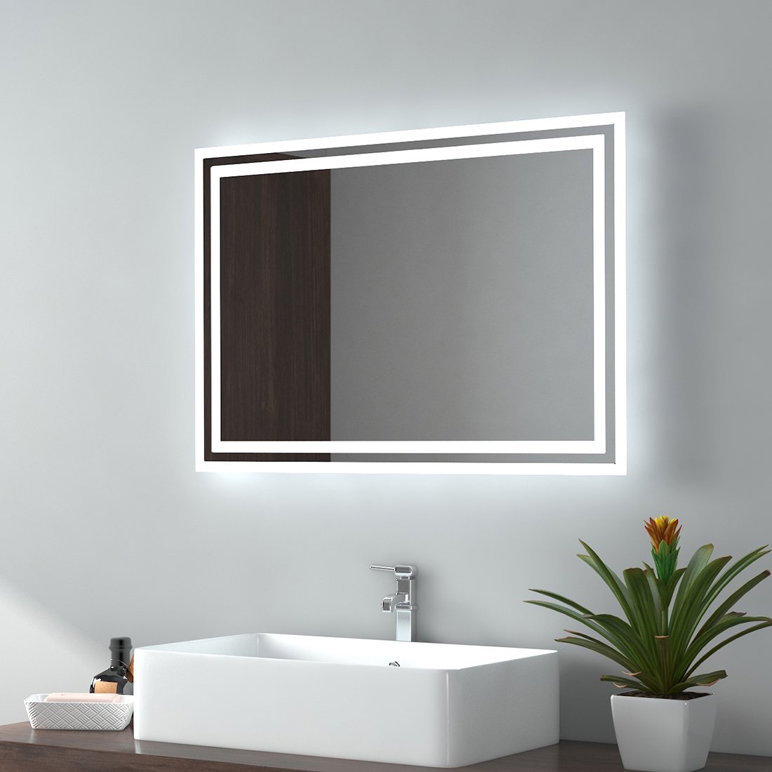 EMKE Lustro łazienkowe LED 50x70cm Lustro łazienkowe z oświetleniem 2 barwy światła 3000/6500K Lustro z oświetleniem Lustro ścienne z włącznikiem przyciskowym + antifog IP44 Energooszczędne