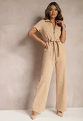 Kombinezony - Beżowy Kombinezon z Elastycznej Bawełny z Suwakiem i Wiązanym Paskiem Ecatra - miniaturka - grafika 1