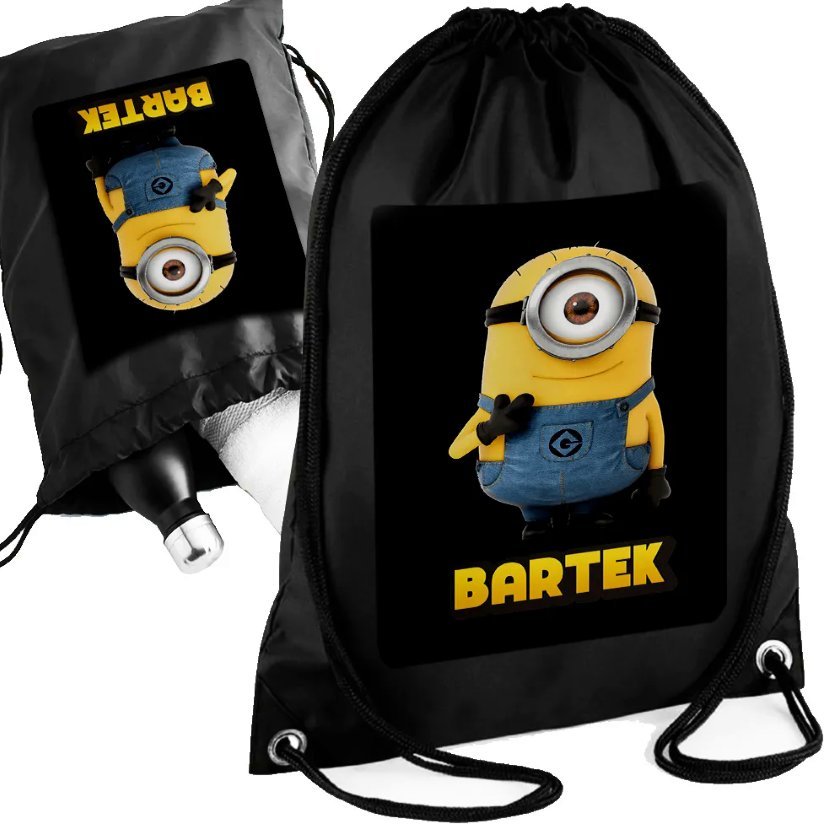 Personalizowany Czarny Worko-Plecak - MINIONKI Twoje Imię - Nadruk Prezent