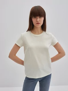 Koszulki i topy damskie - Koszulka damska z dodatkiem bawełny z recyklingu kremowa Violet 102 - grafika 1