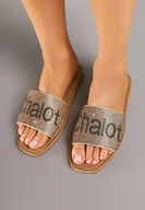 Klapki i japonki damskie - Złote Płaskie Klapki Ozdobione Napisem Delionel - miniaturka - grafika 1