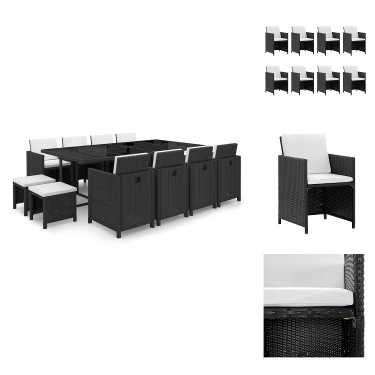 vidaXL 13-częściowy ogrodowy zestaw jadalniany z poduszkami z czarnego rattanu - Zestawy mebli ogrodowych