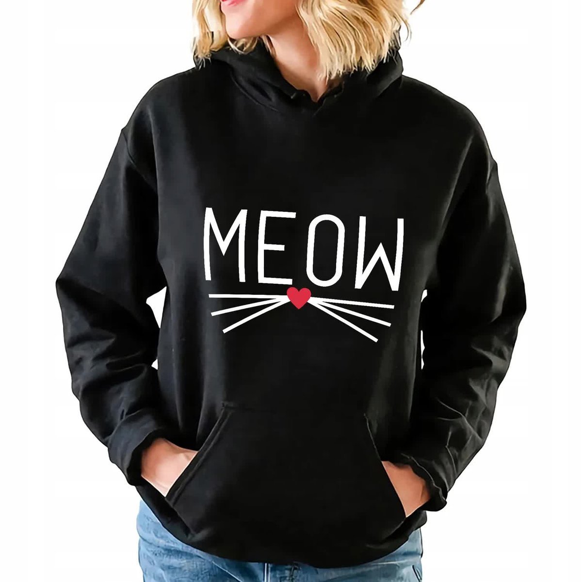 Czarna Bluza z Kapturem MEOW Kobiece Damskie Piękne Wzory Rozmiar S
